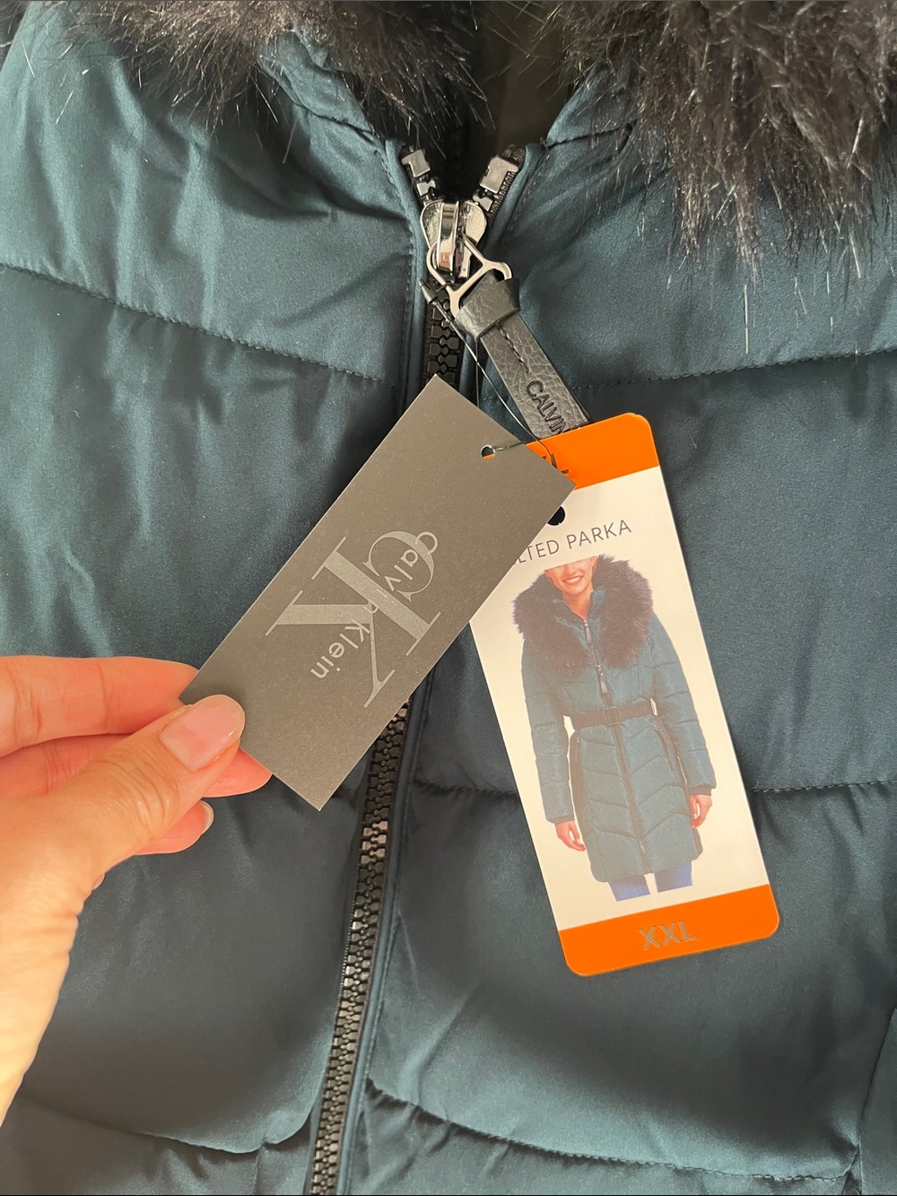 Calvin Klein Dark Teal Quilted Puffer Coat with Faux Fur Trim - Picture 3 of 3